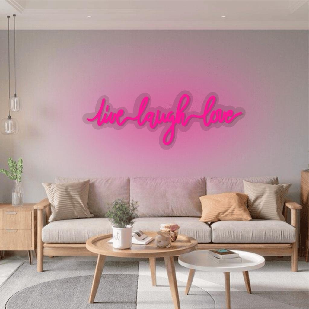 Custom neon sign on living room wall creating cozy home atmosphere