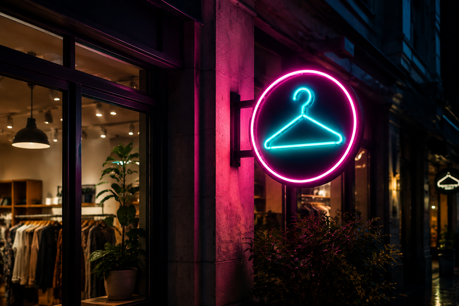 Glowing neon sign outside a retail storefront at night.